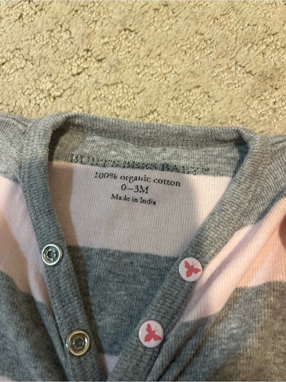 Burt's Bees Baby Pink & Gray Striped Footed One-Piece